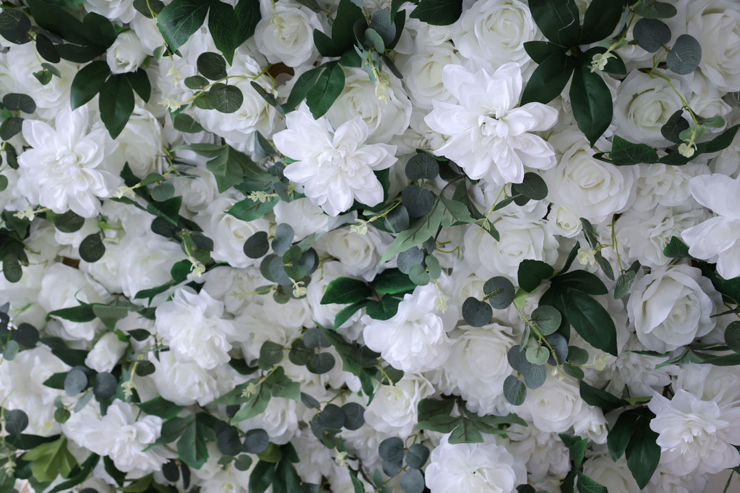 White Dahlia, Reed Pampas Grass, Artificial Flower Wall, Wedding Party Backdrop