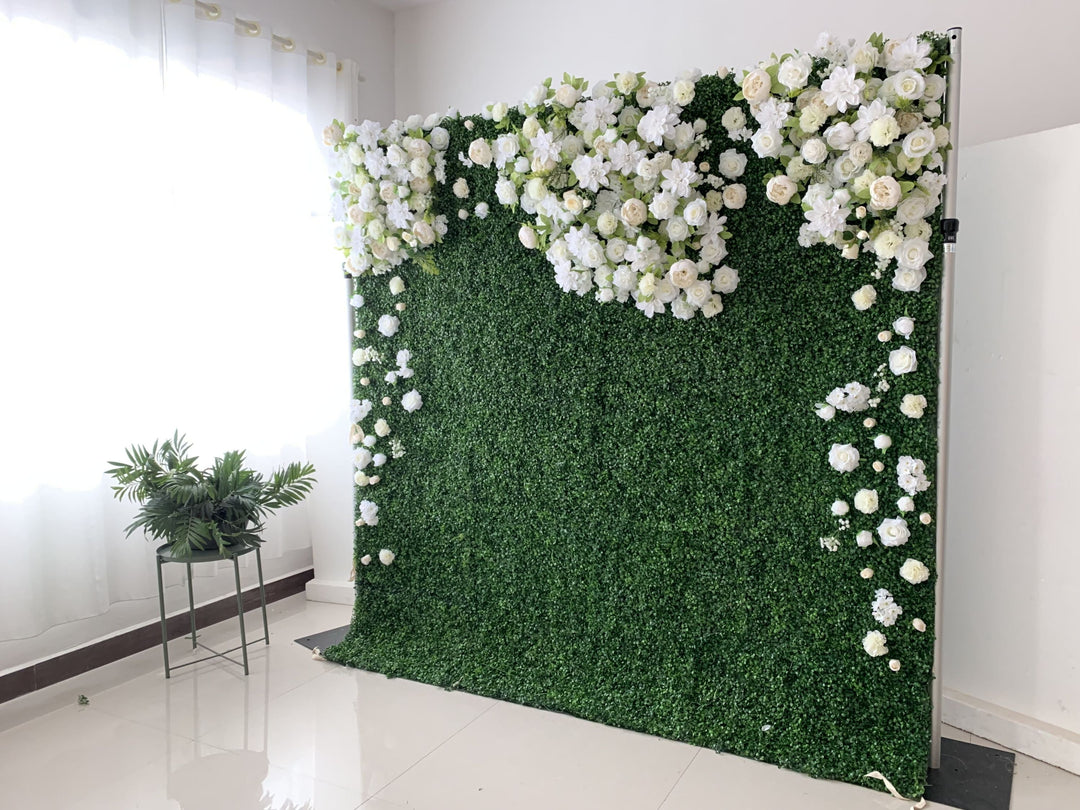 White Roses And Dahlias And Green Leaves, Artificial Flower Wall, Wedding Party Backdrop