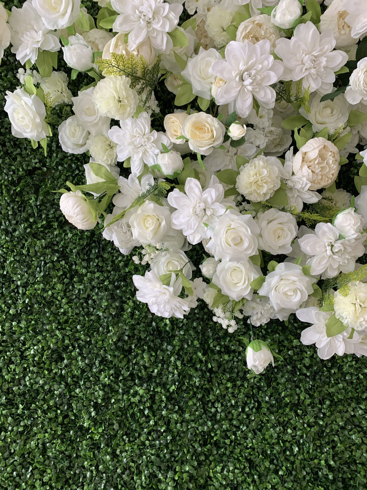 White Roses And Dahlias And Green Leaves, Artificial Flower Wall, Wedding Party Backdrop