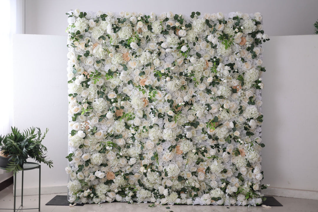 White Roses And Hydrangeas And Green Leaves, Artificial Flower Wall Backdrop