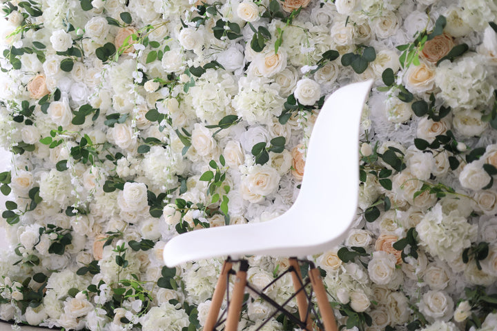 White Roses And Hydrangeas And Green Leaves, Artificial Flower Wall Backdrop