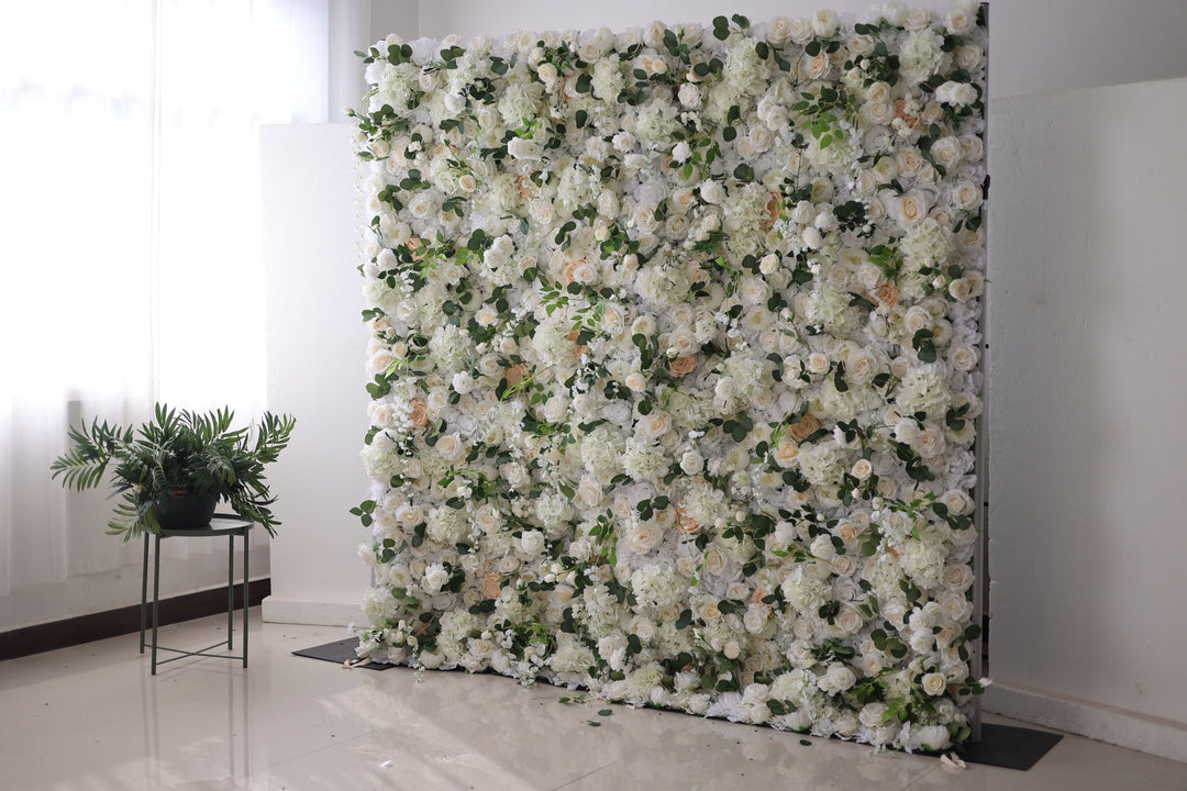 White Roses And Hydrangeas And Green Leaves, Artificial Flower Wall Backdrop