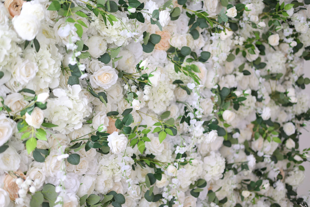 White Roses And Hydrangeas And Green Leaves, Artificial Flower Wall Backdrop