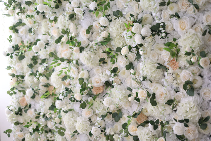 White Roses And Hydrangeas And Green Leaves, Artificial Flower Wall Backdrop