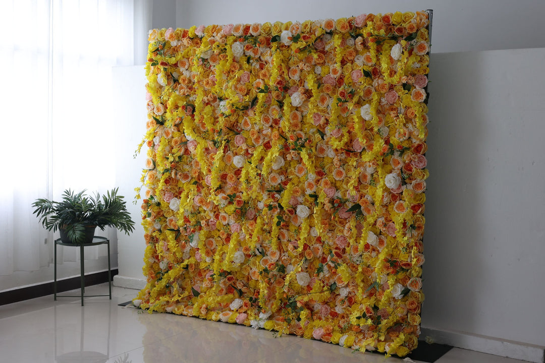 Yellow And Pink Roses And Peonies And Green Leaves, Artificial Flower Wall Backdrop