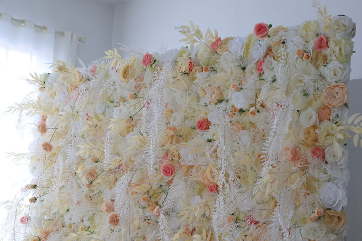 Yellow And White Roses And Silk Fern, Artificial Flower Wall, Wedding Party Backdrop