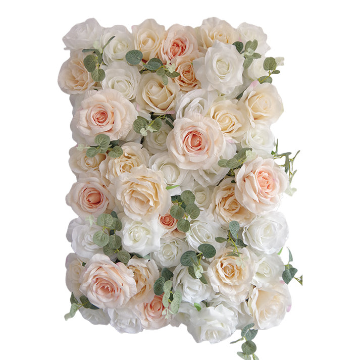 3D Beige-Orange And White Roses With Green Leaves, Artificial Flower Wall Backdrop