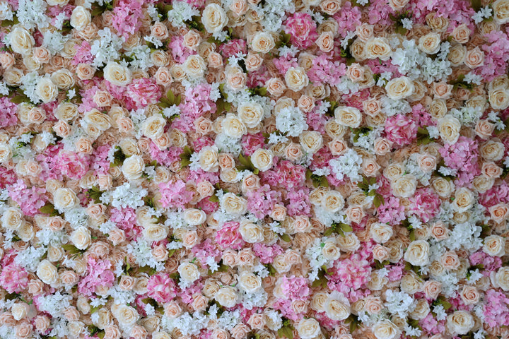 Beige And Pink Roses With Hydrangeas, 3D, Fabric Backing Artificial Flower Wall