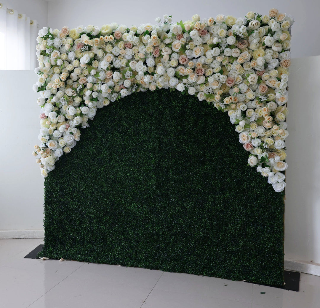 Beige And White Roses With Green Grass, 3D, Fabric Backing Artificial Flower Wall