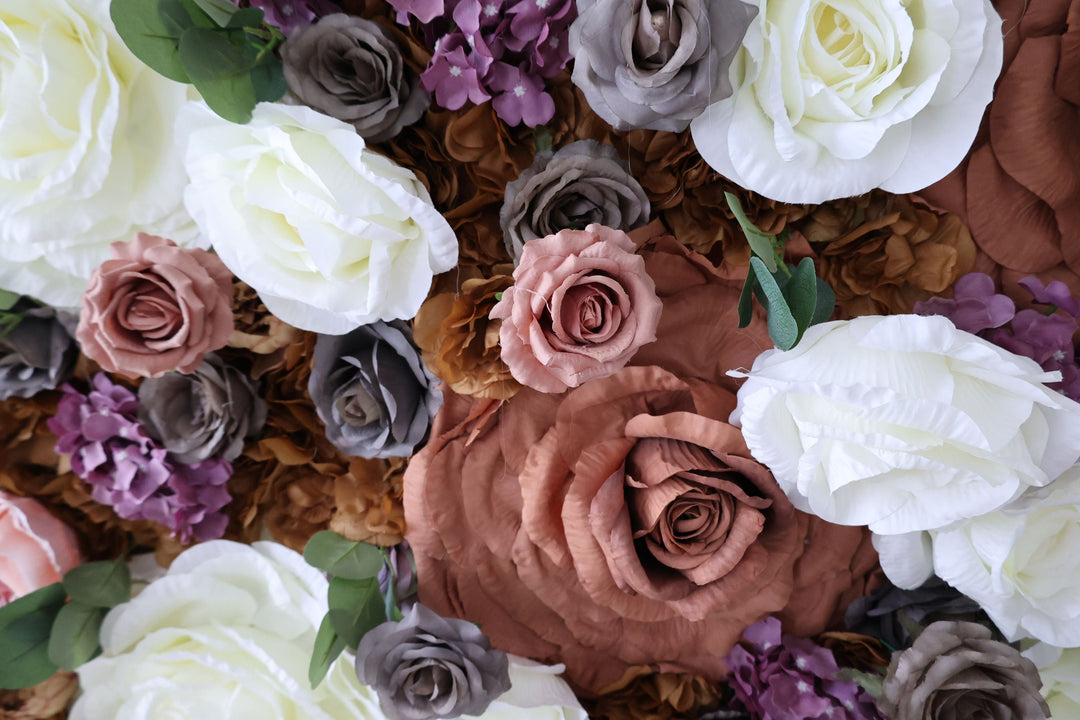 Big Brown And White Rose, Reed Pampas Grass, Artificial Flower Wall Backdrop