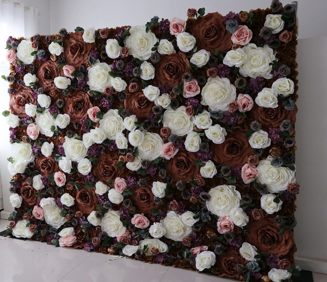 Big Brown And White Rose, Reed Pampas Grass, Artificial Flower Wall Backdrop