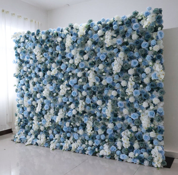 Blue And White Roses, 3D, Fabric Backing Artificial Flower Wall