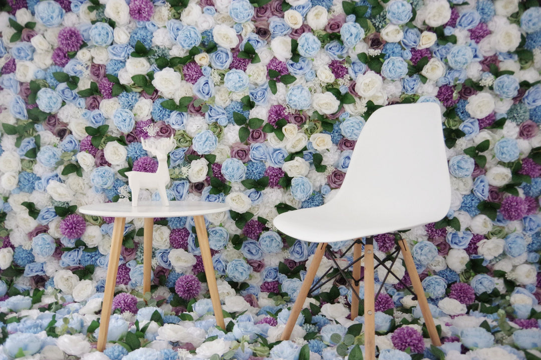 Blue And White Roses And Green Leaves, Artificial Flower Wall, Wedding Party Backdrop