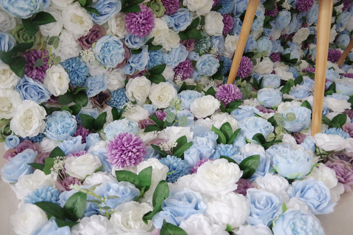 Blue And White Roses And Green Leaves, Artificial Flower Wall, Wedding Party Backdrop