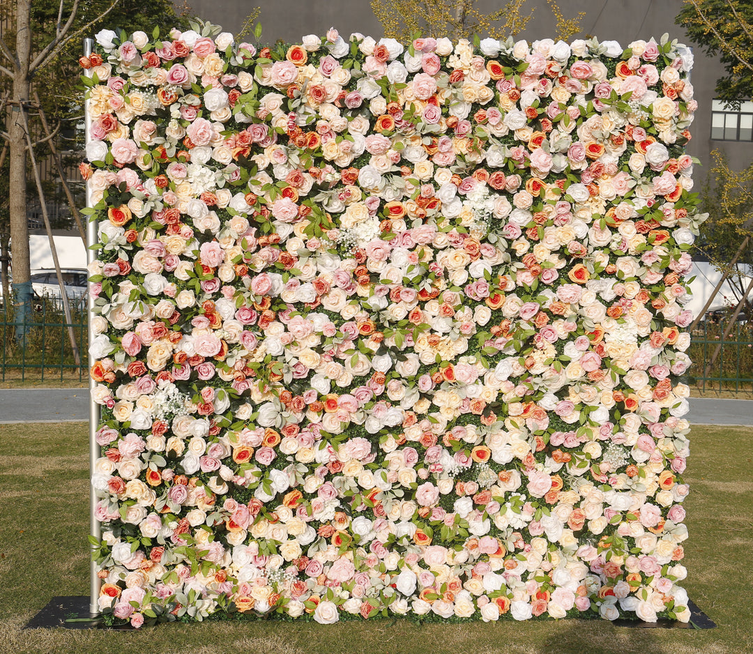 Mixed Flowers In Beige And Pink, 3D, Fabric Backing Artificial Flower Wall