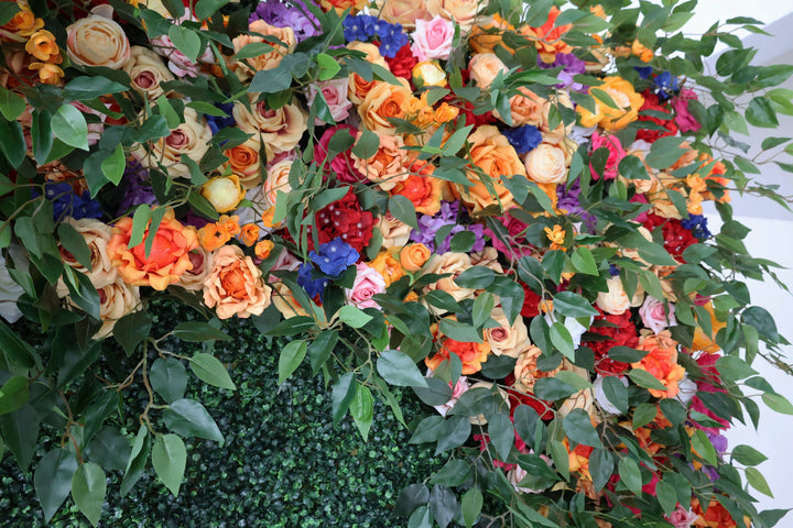 Mixed Flowers In Orange And Purple With Grass, 5D, Artificial Flower Wall