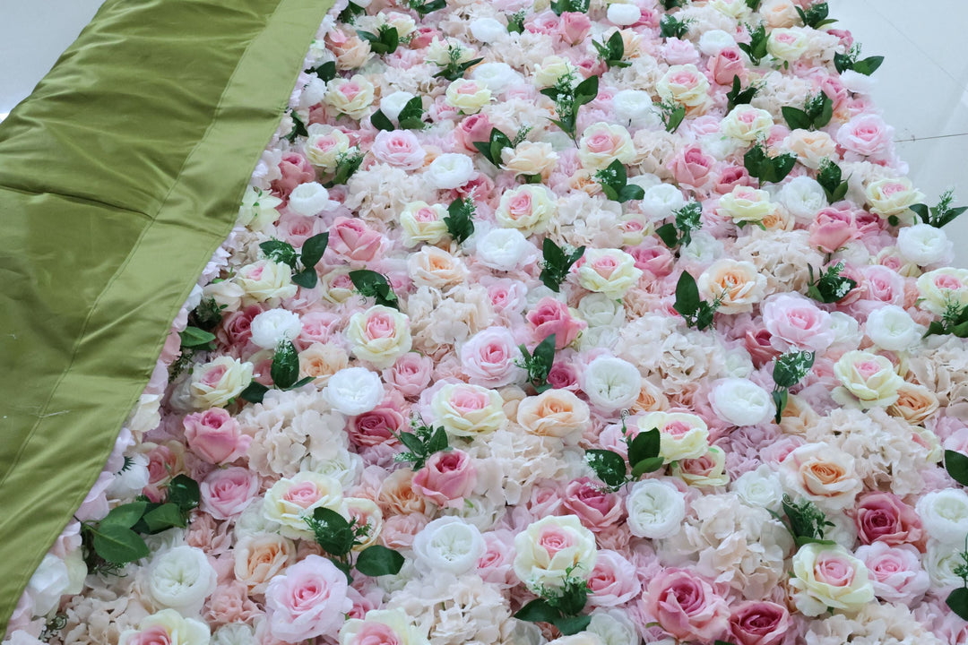 Mixed Flowers In Pink And Beige, 3D, Fabric Backing Artificial Flower Wall