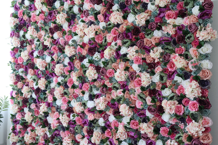 Mixed Color Roses And Pink Hydrangeas And Green Leaves, Artificial Flower Wall Backdrop