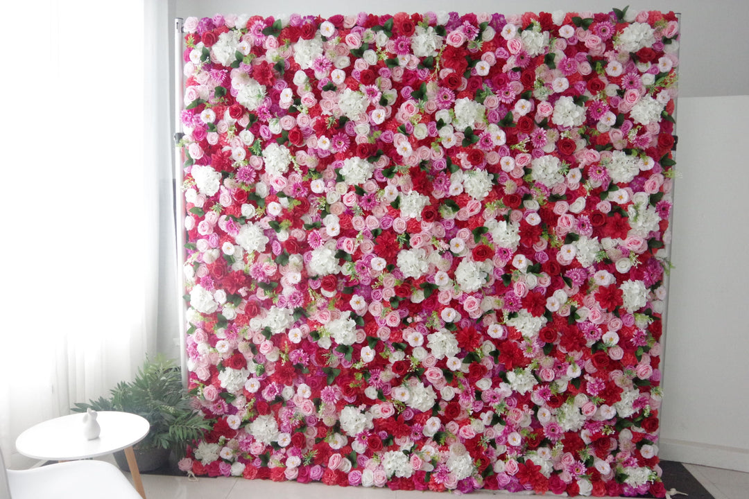 Mixed Color Roses And White Hydrangeas And Green Leaves, Artificial Flower Wall Backdrop