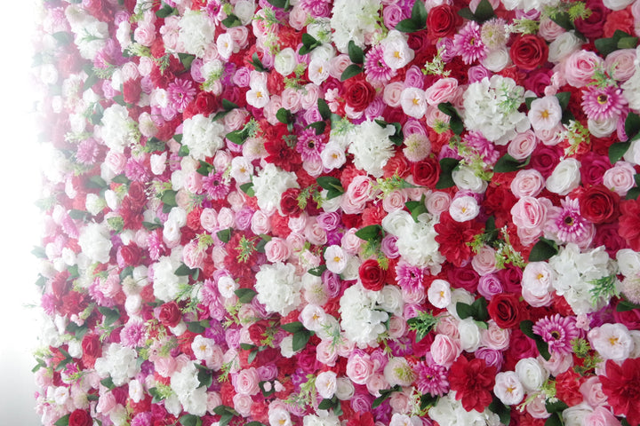 Mixed Color Roses And White Hydrangeas And Green Leaves, Artificial Flower Wall Backdrop