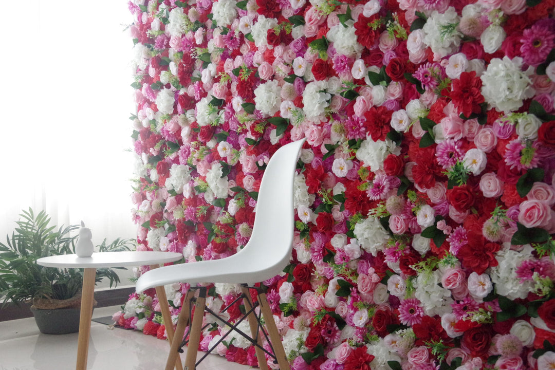 Mixed Color Roses And White Hydrangeas And Green Leaves, Artificial Flower Wall Backdrop