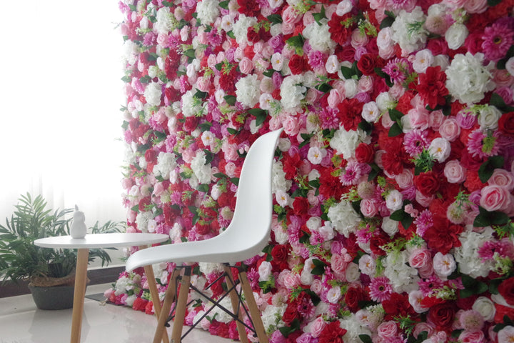 Mixed Color Roses And White Hydrangeas And Green Leaves, Artificial Flower Wall Backdrop