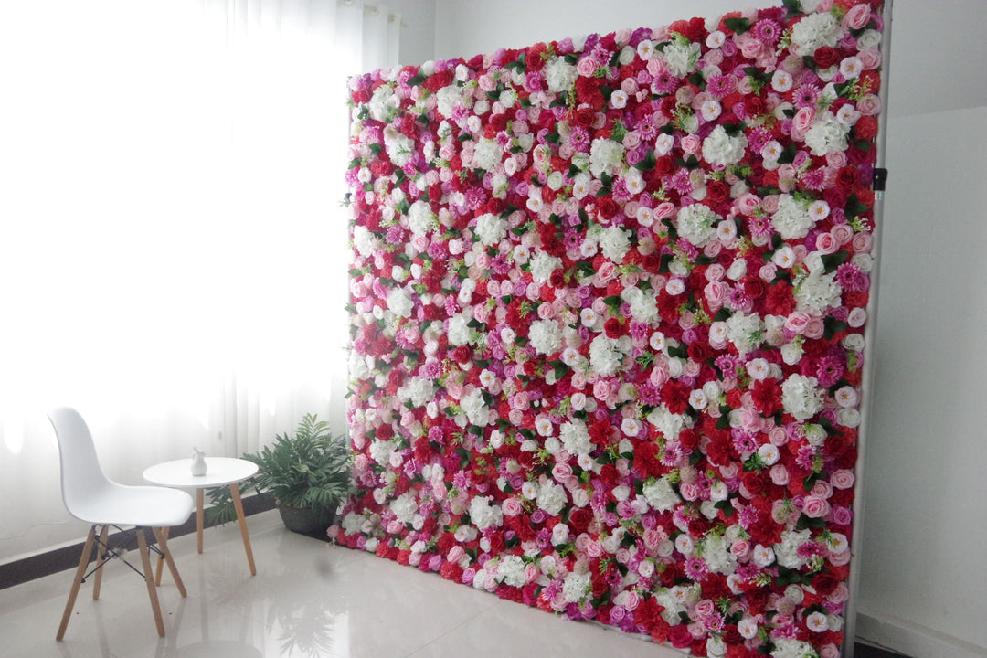 Mixed Color Roses And White Hydrangeas And Green Leaves, Artificial Flower Wall Backdrop