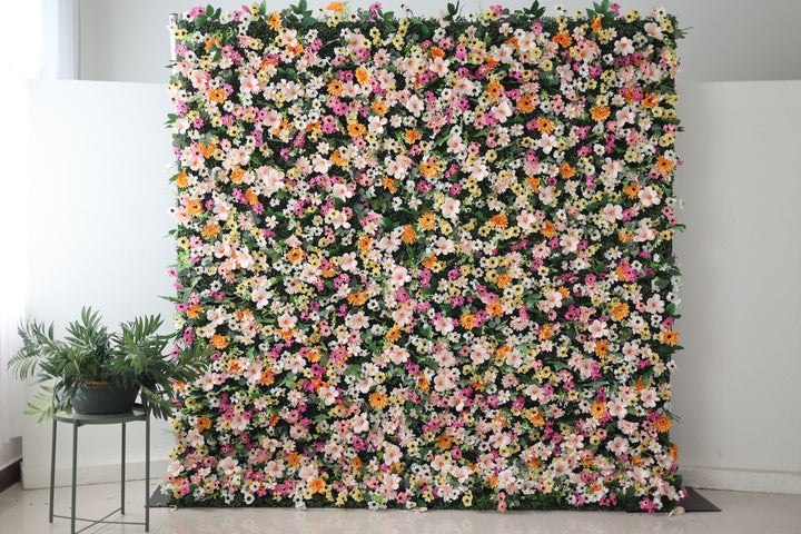 Mixed Colors Of Chrysanthemums And Green Leaves, Artificial Flower Wall Backdrop