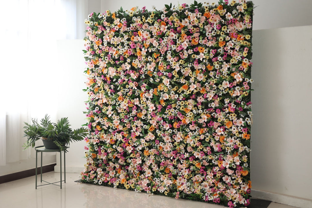 Mixed Colors Of Chrysanthemums And Green Leaves, Artificial Flower Wall Backdrop