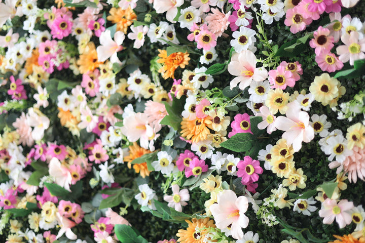 Mixed Colors Of Chrysanthemums And Green Leaves, Artificial Flower Wall Backdrop