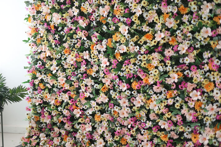 Mixed Colors Of Chrysanthemums And Green Leaves, Artificial Flower Wall Backdrop