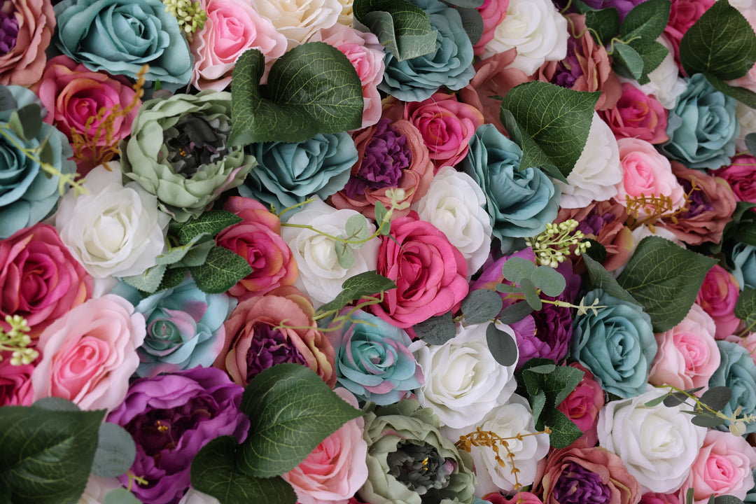 Mixed Colors Of Roses And Peonies And Green Leaves, Artificial Flower Wall Backdrop