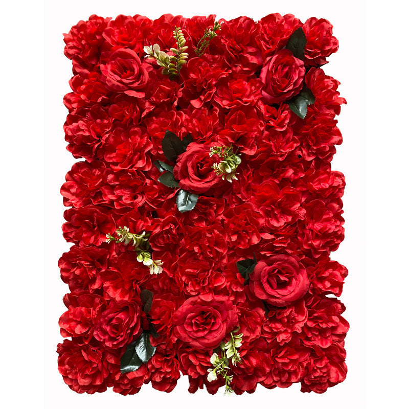 Red Rose And Green Leaves, Artificial Flower Wall Backdrop