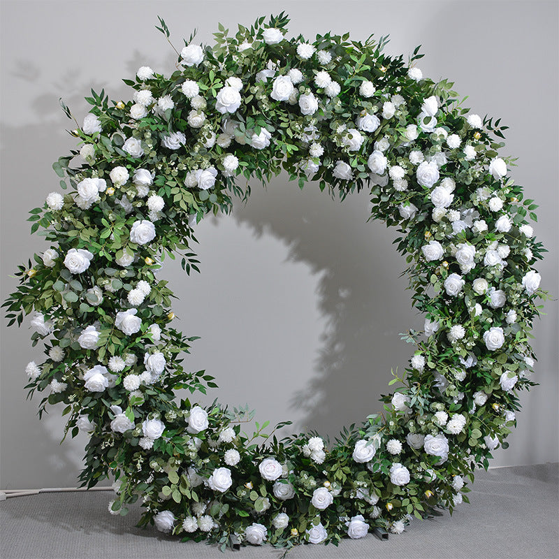 White Roses With Green Leaves Double-Sided Floral Wedding Arch Backdrop, Including Frame