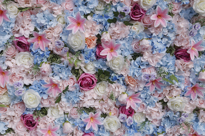 Blue Hydrangea And White Roses And Pink Lilies, Artificial Flower Wall Backdrop