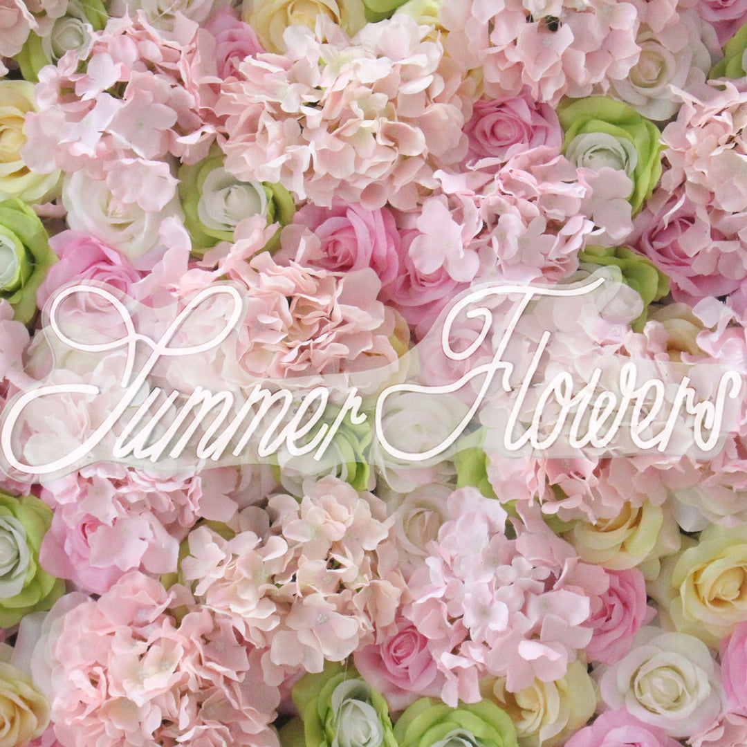 Luxury Pink And Green Roses With Light Pink Hydrangeas 5D, Artificial Flower Wall Backdrop