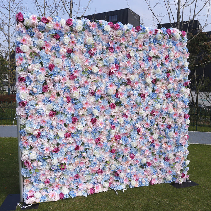 Blue Hydrangea And White Roses And Pink Lilies, Artificial Flower Wall Backdrop