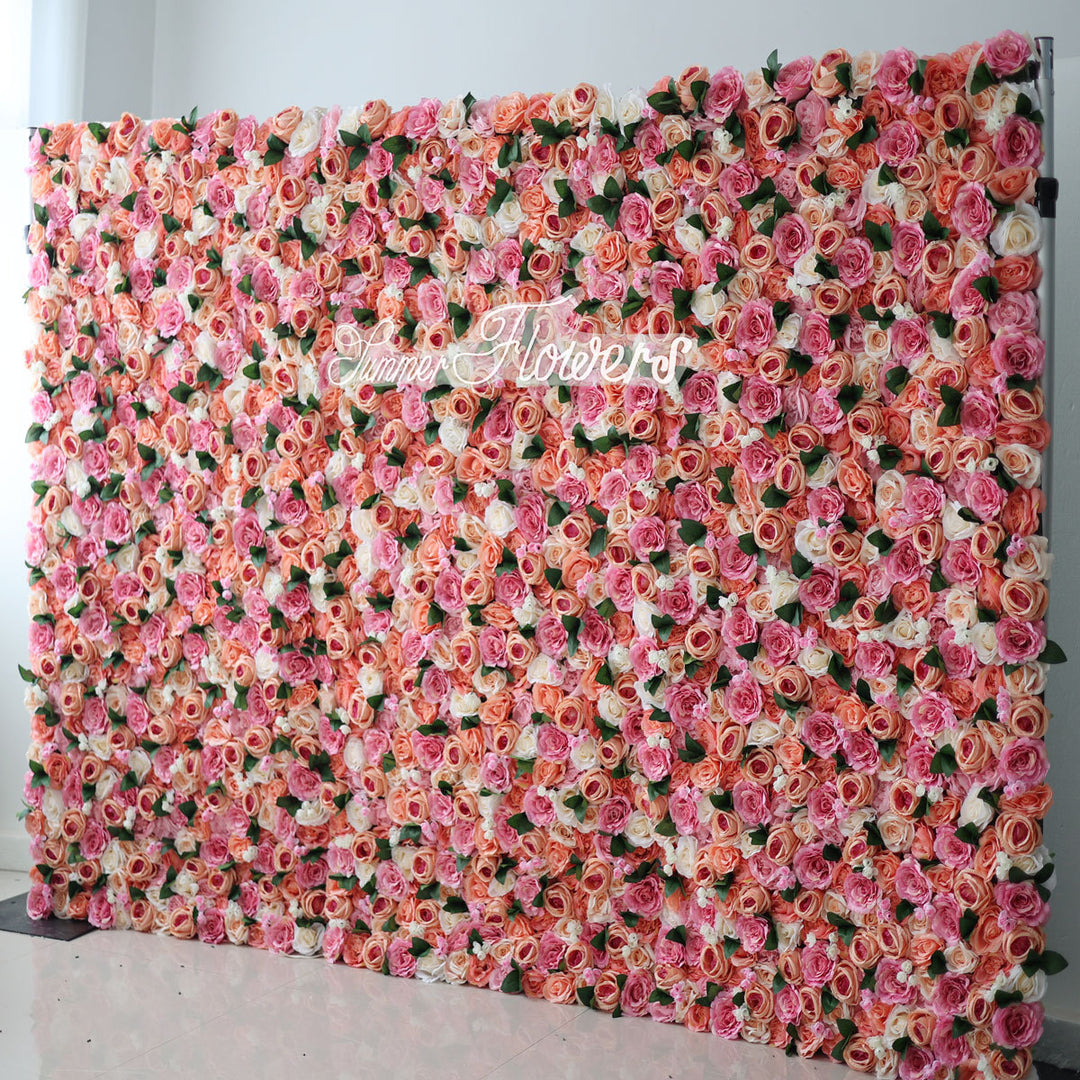 Luxury Pink White Light Orange Roses, Artificial Flower Wall Backdrop, Wedding Backdrop