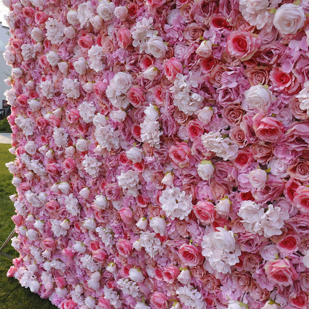 Pink And White Roses Hydrangeas 3D Luxury Gradient, Artificial Flower Wall Backdrop