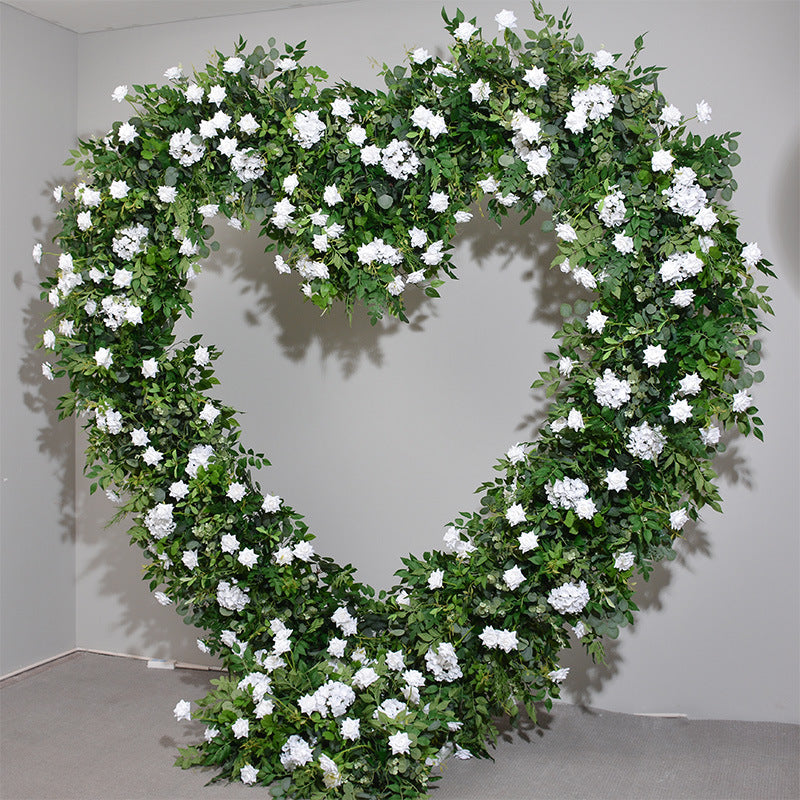 Green Leaves With White Flowers Heart Shape, Floral Wedding Arch Backdrop, Including Frame