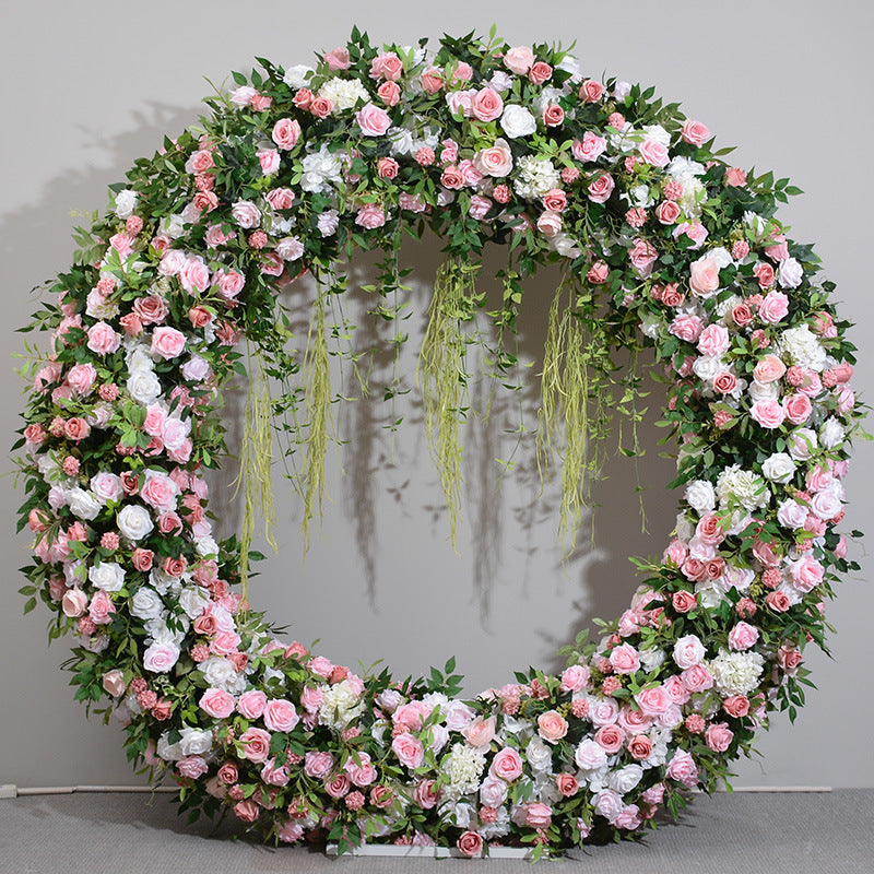 Pink And White Roses With Green Leaves Double-Sided Floral Wedding Arch Backdrop Including Frame