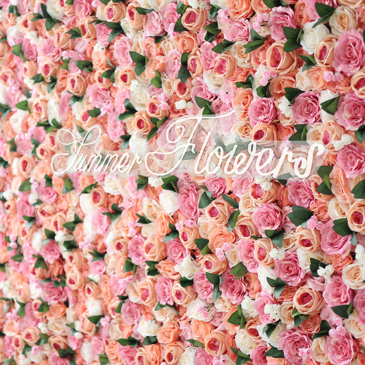 Luxury Pink White Light Orange Roses, Artificial Flower Wall Backdrop, Wedding Backdrop