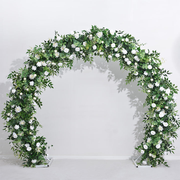 White Flowers With Green Leaves Double-Sided Floral Wedding Arch Backdrop, Including Frame