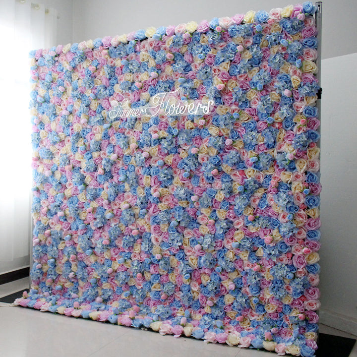 Luxury Light Blue And Pink Roses, Artificial Flower Wall Backdrop, Wedding Backdrop