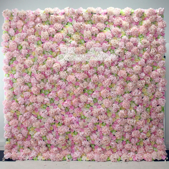 Luxury Pink And Green Roses With Light Pink Hydrangeas 5D, Artificial Flower Wall Backdrop