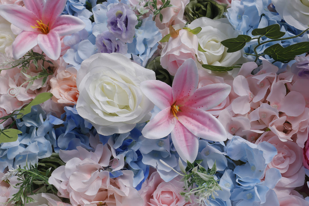 Blue Hydrangea And White Roses And Pink Lilies, Artificial Flower Wall Backdrop