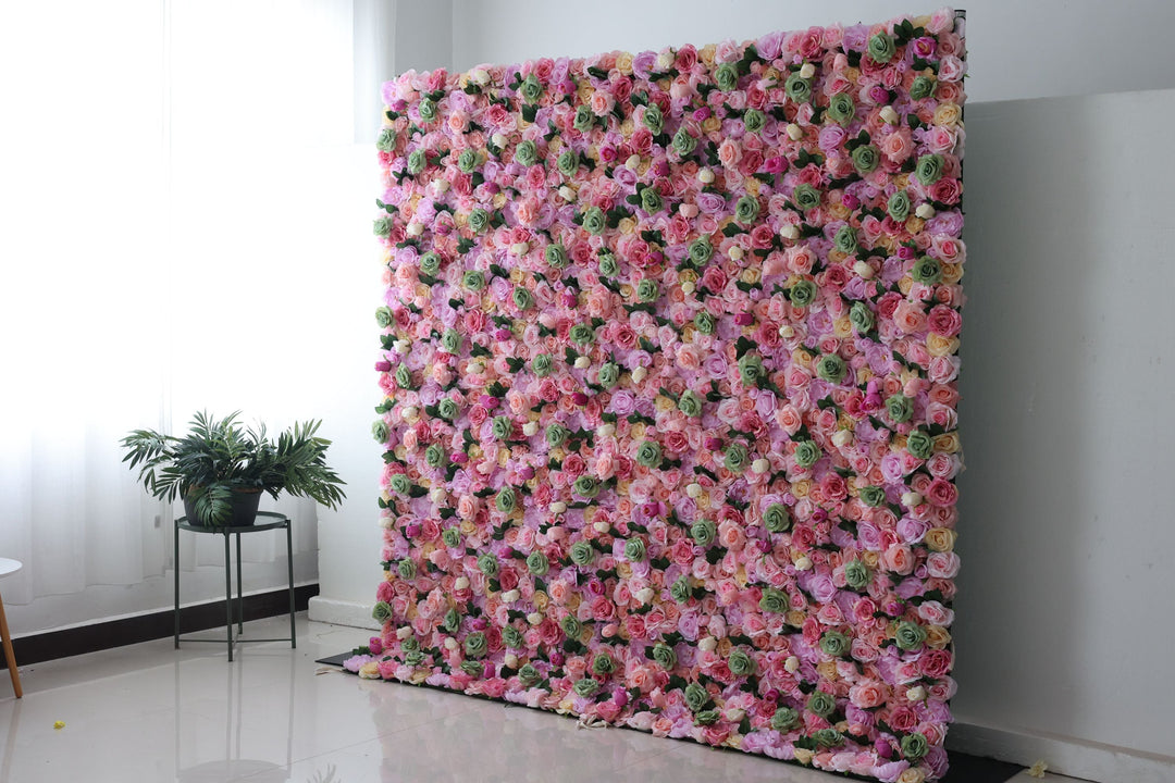 Pink And Green Roses And Green Leaves, Artificial Flower Wall, Wedding Party Backdrop