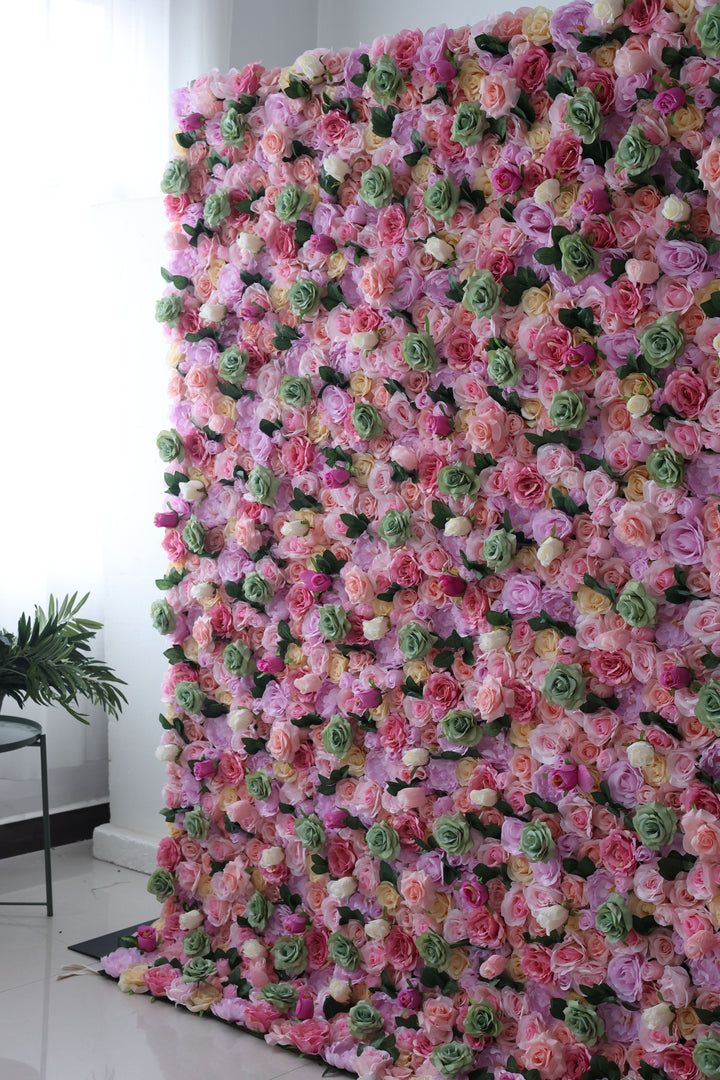 Pink And Green Roses And Green Leaves, Artificial Flower Wall, Wedding Party Backdrop