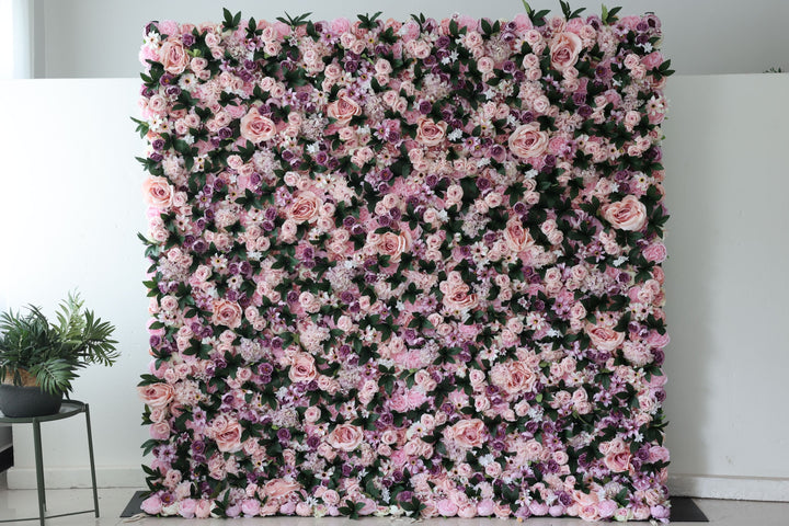 Pink And Purple Roses And Green Leaves, Artificial Flower Wall, Wedding Party Backdrop