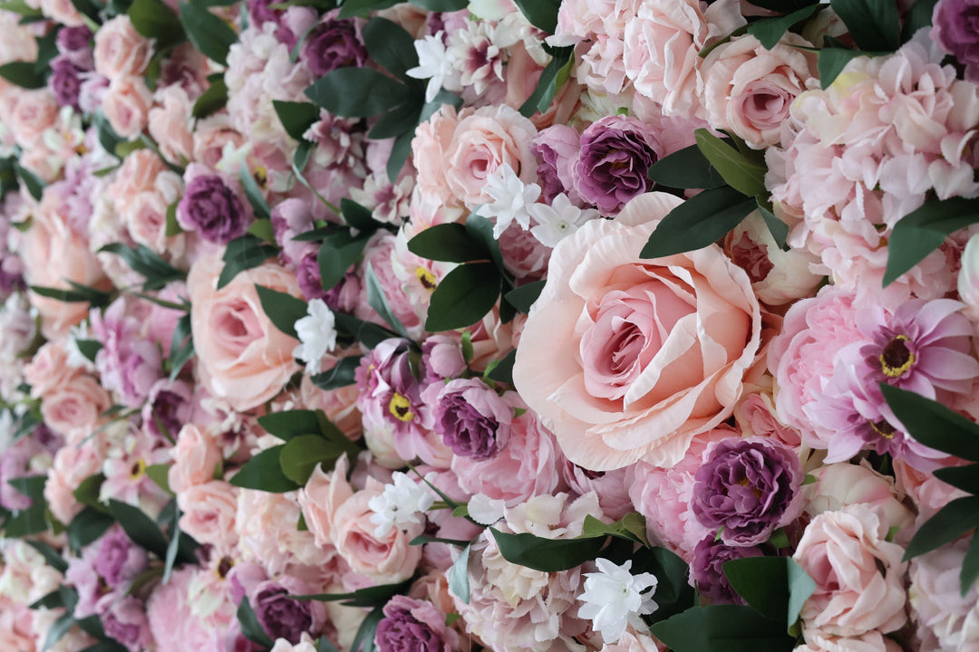 Pink And Purple Roses And Green Leaves, Artificial Flower Wall, Wedding Party Backdrop